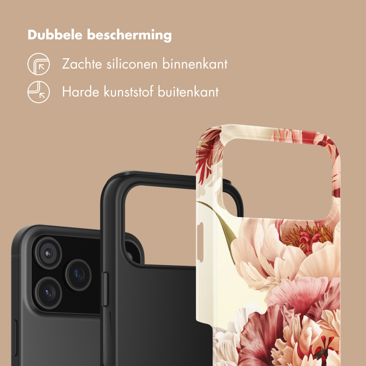 Twee telefoonhoesjes: één zwart, één met bloemenpatroon.