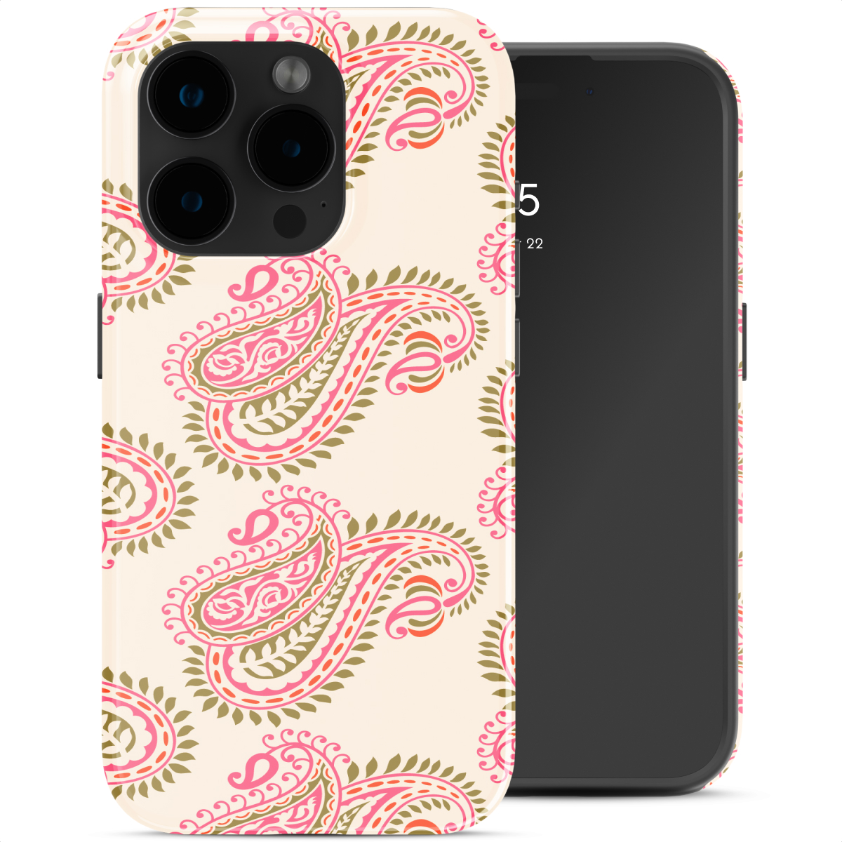 Una cover per telefono con motivo cachemire rosa e verde su sfondo chiaro.