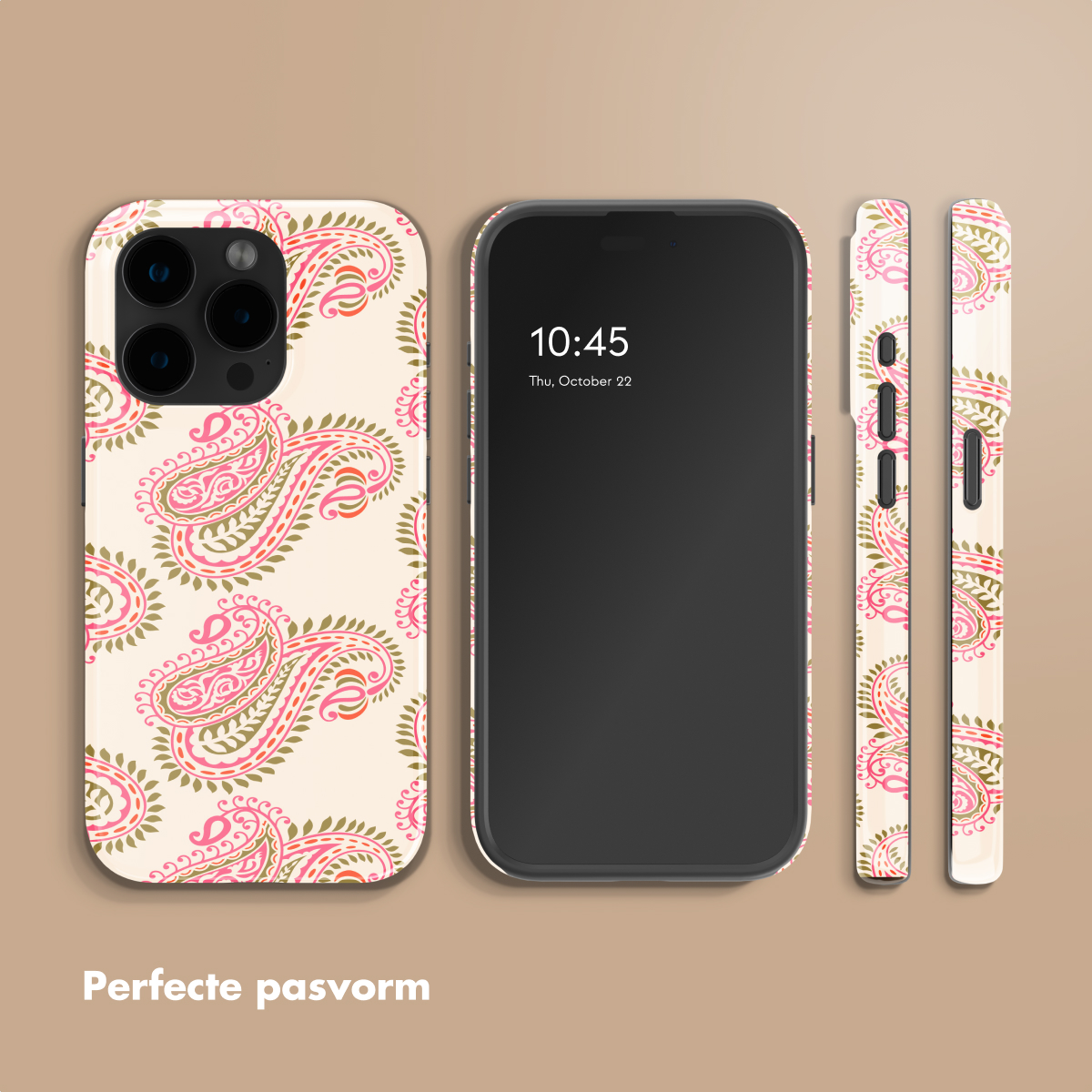 Uno smartphone con custodia a fantasia paisley e display dell'ora.