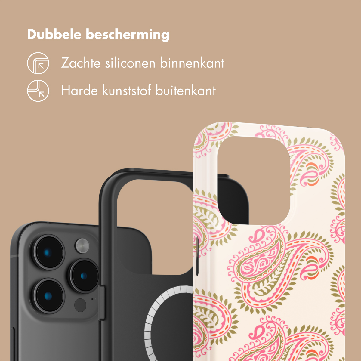 Uno smartphone con custodia a fantasia paisley, accanto a una cover protettiva nera.