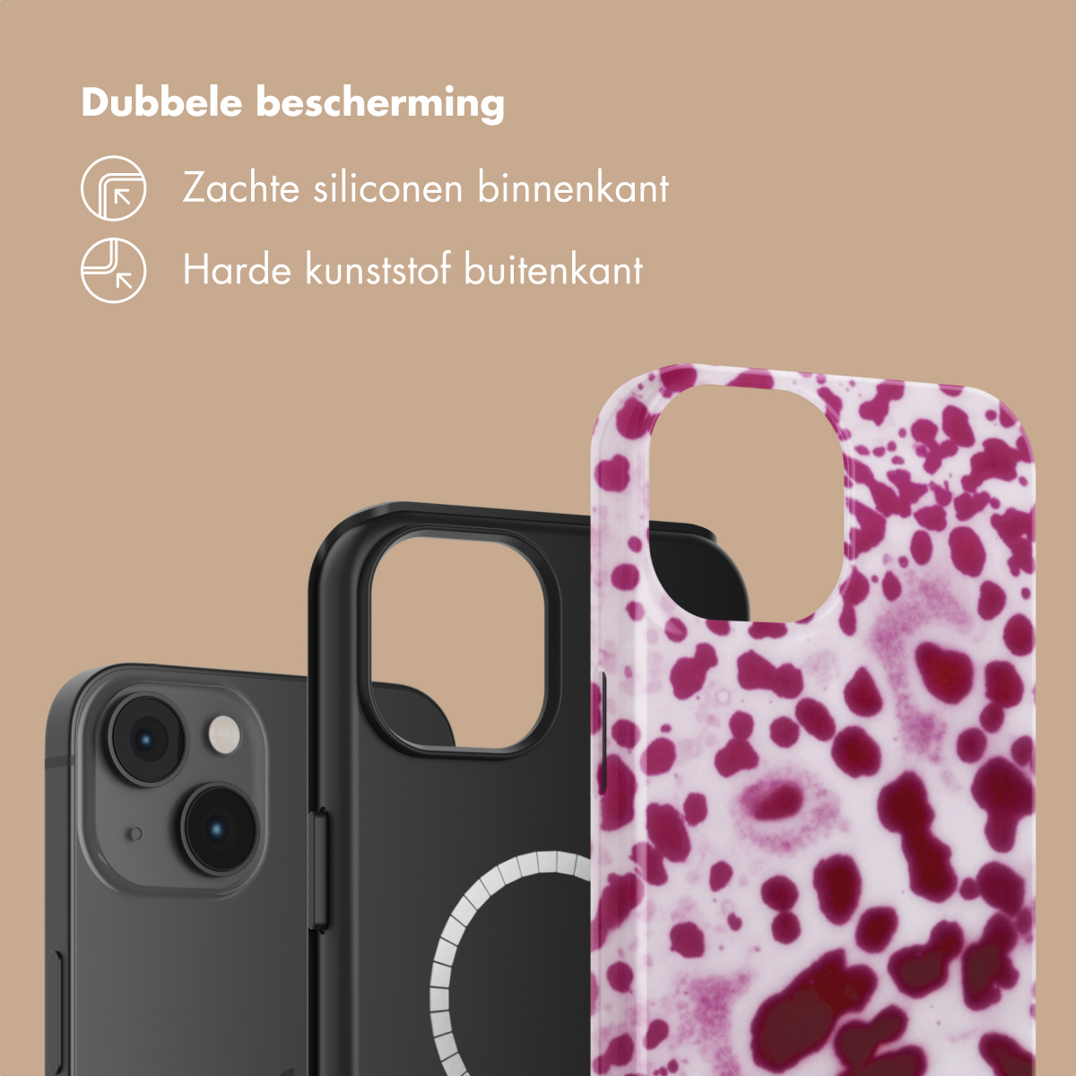 Tre custodie per telefono in diversi design: una nera, una con macchie.