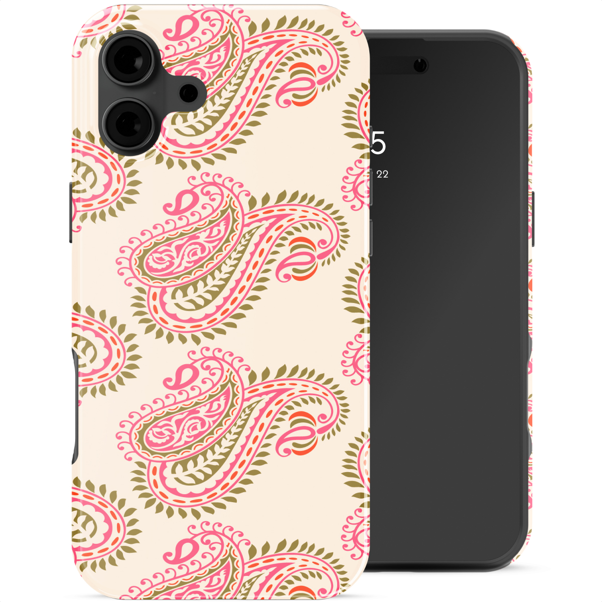 Una custodia per telefono con un motivo cachemire rosa e verde su sfondo crema.