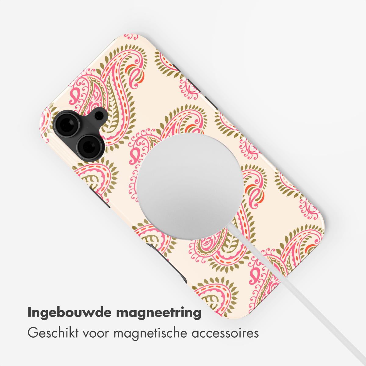Una cover per telefono con fantasia paisley rosa e verde su sfondo chiaro.