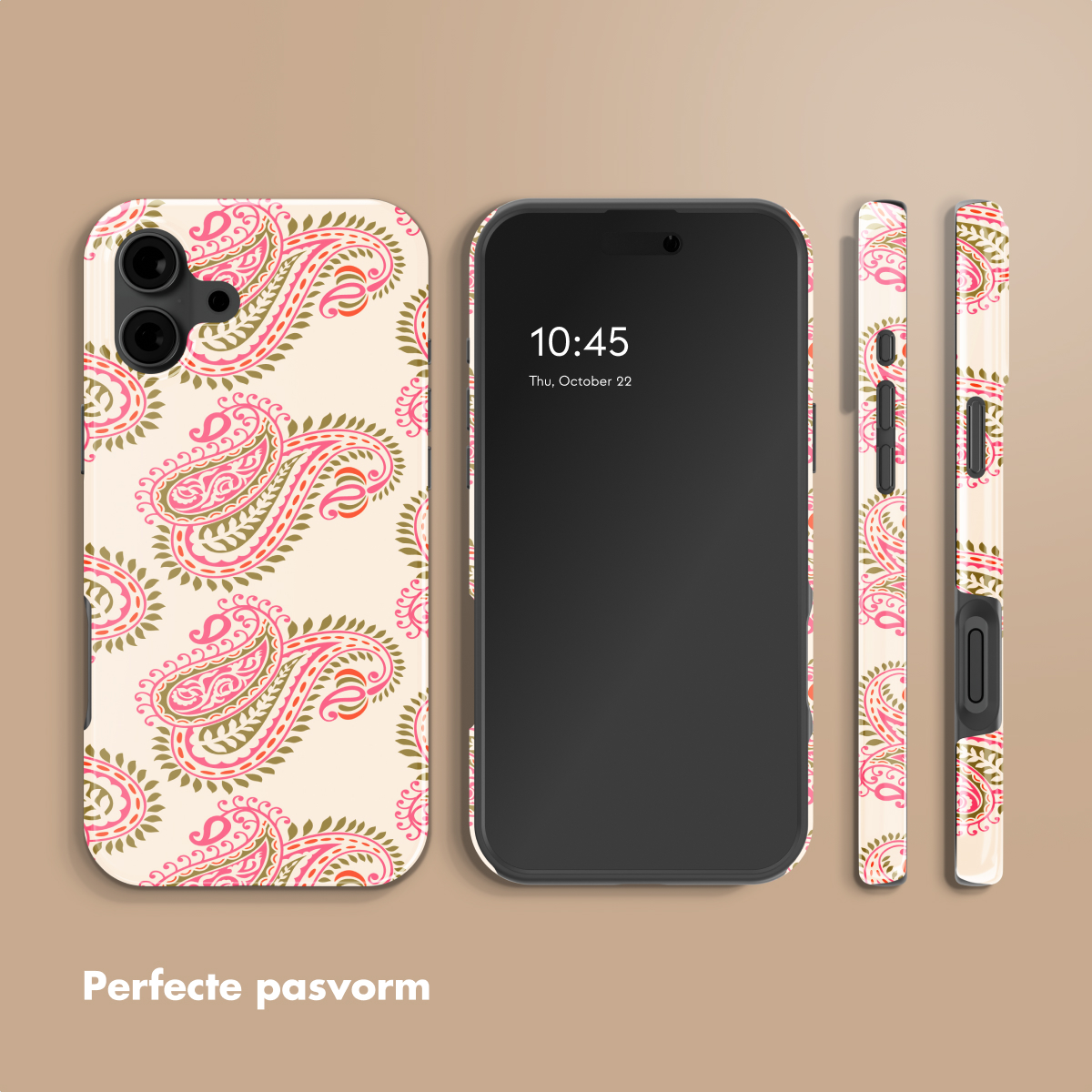 Un smartphone avec une coque à motif cachemire rose et vert.