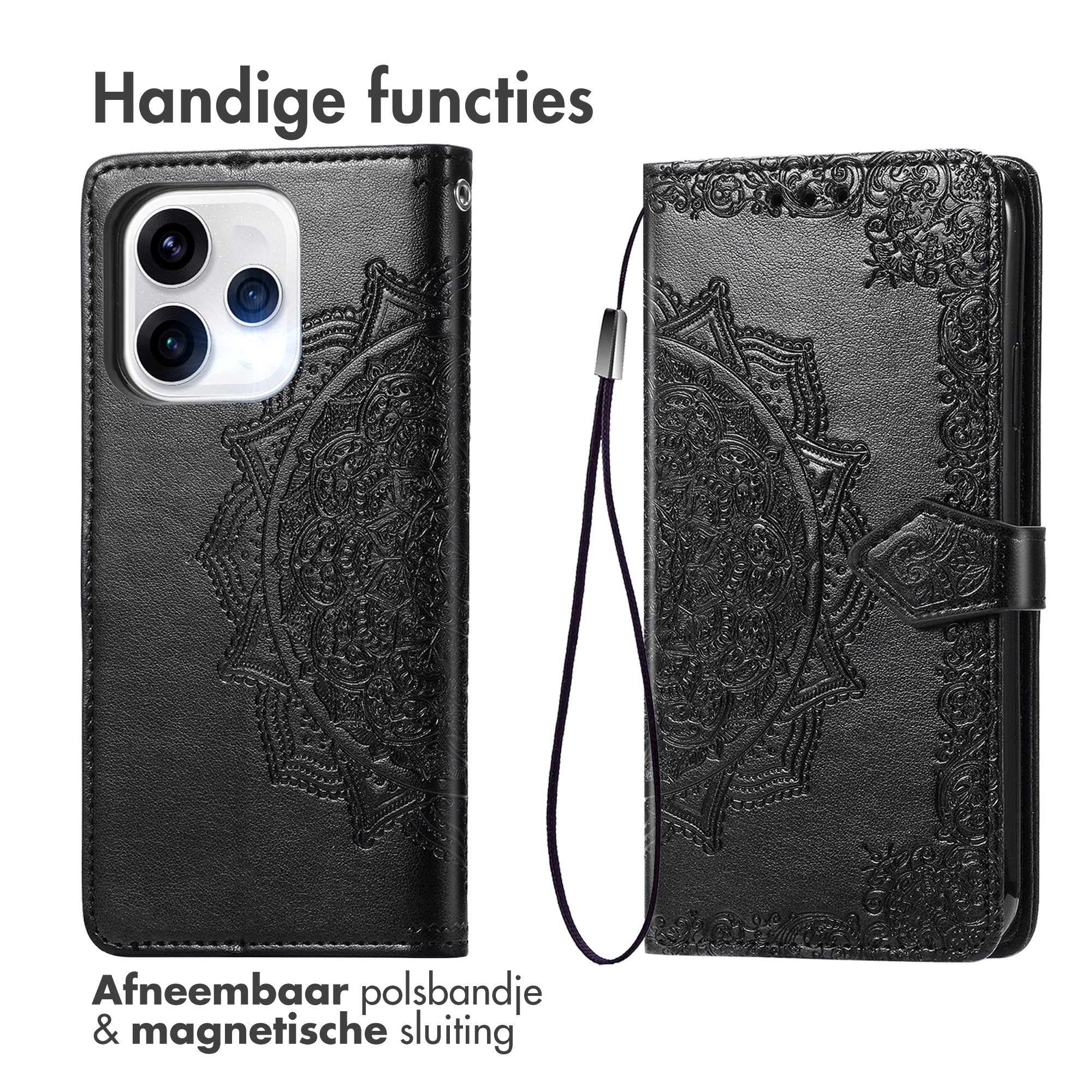 Custodia nera per telefono con motivo mandala e cinturino da polso.