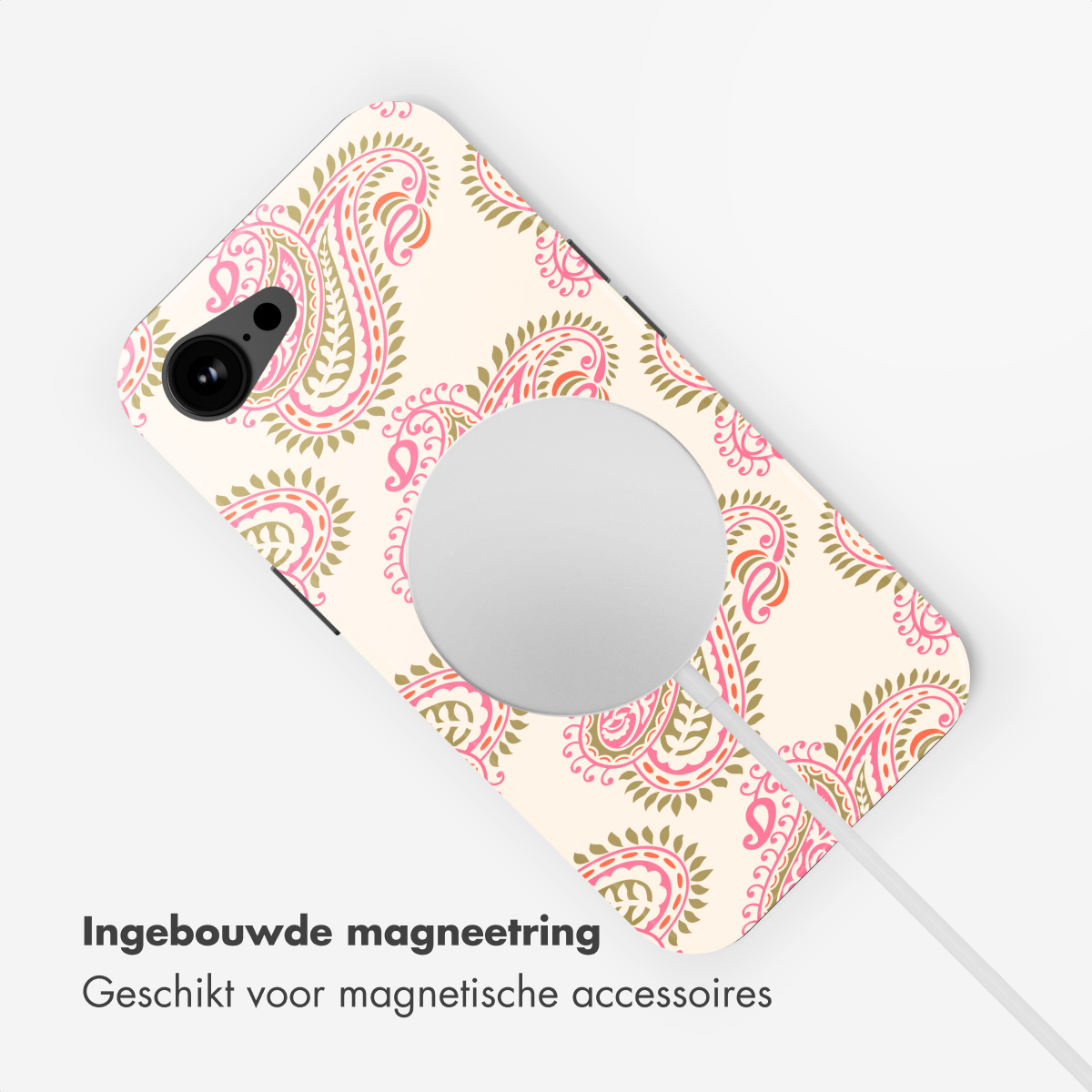 Una custodia per telefono con motivo paisley rosa e verde e anello magnetico.
