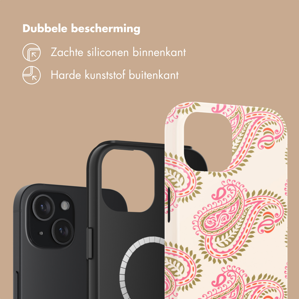 Drie telefoonhoesjes: zwart, zwart met MagSafe en crème met paisley-patroon.