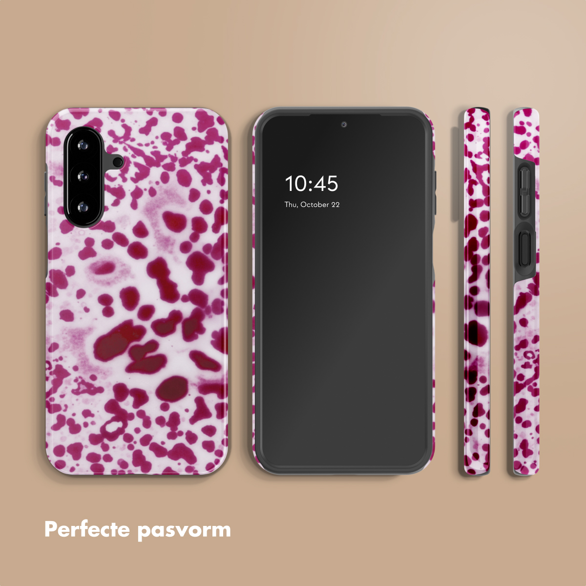 Een smartphone met een patroon van rode vlekken op een witte achtergrond.