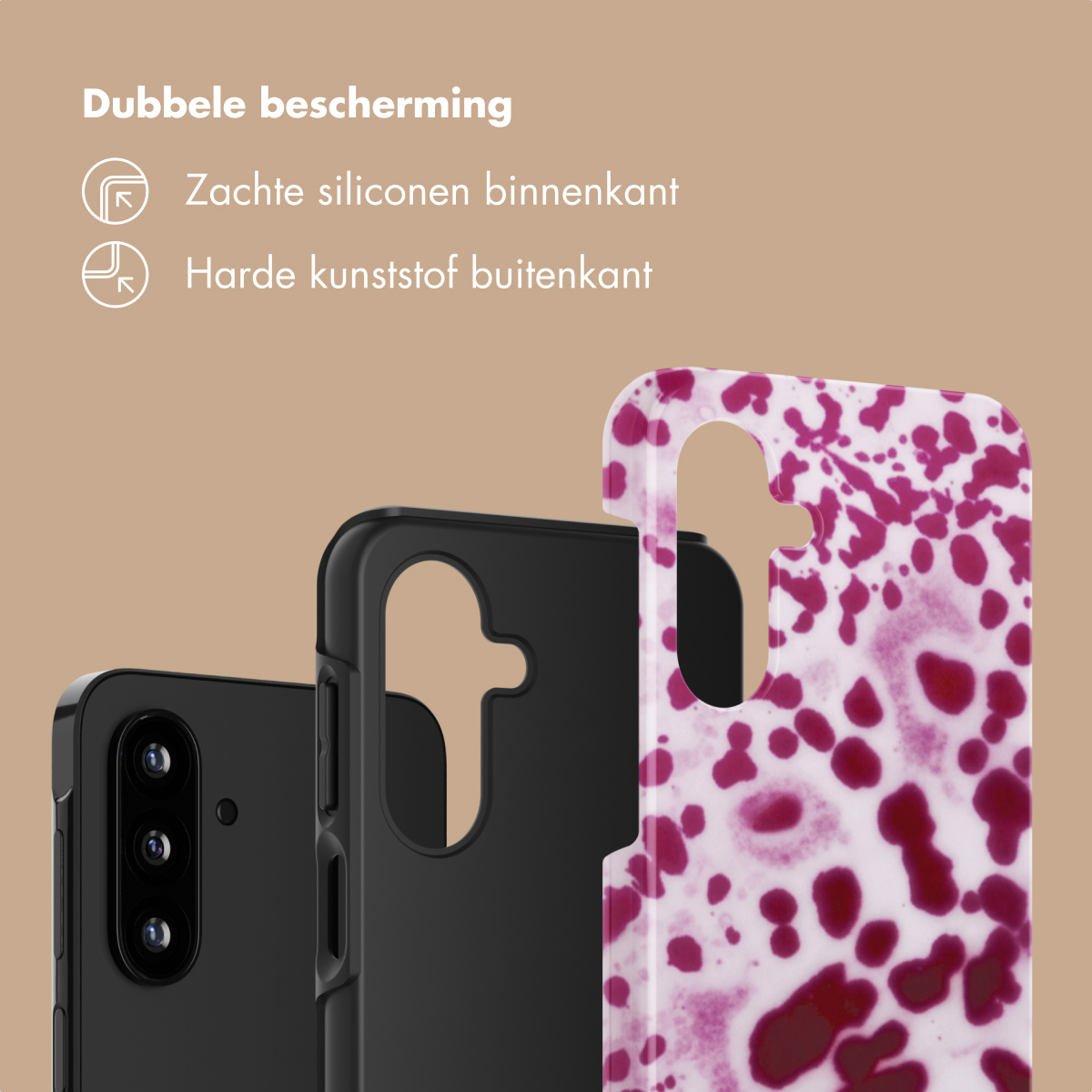 Drie telefoonhoesjes: zwart, zwart met witte vlekkenpatroon.