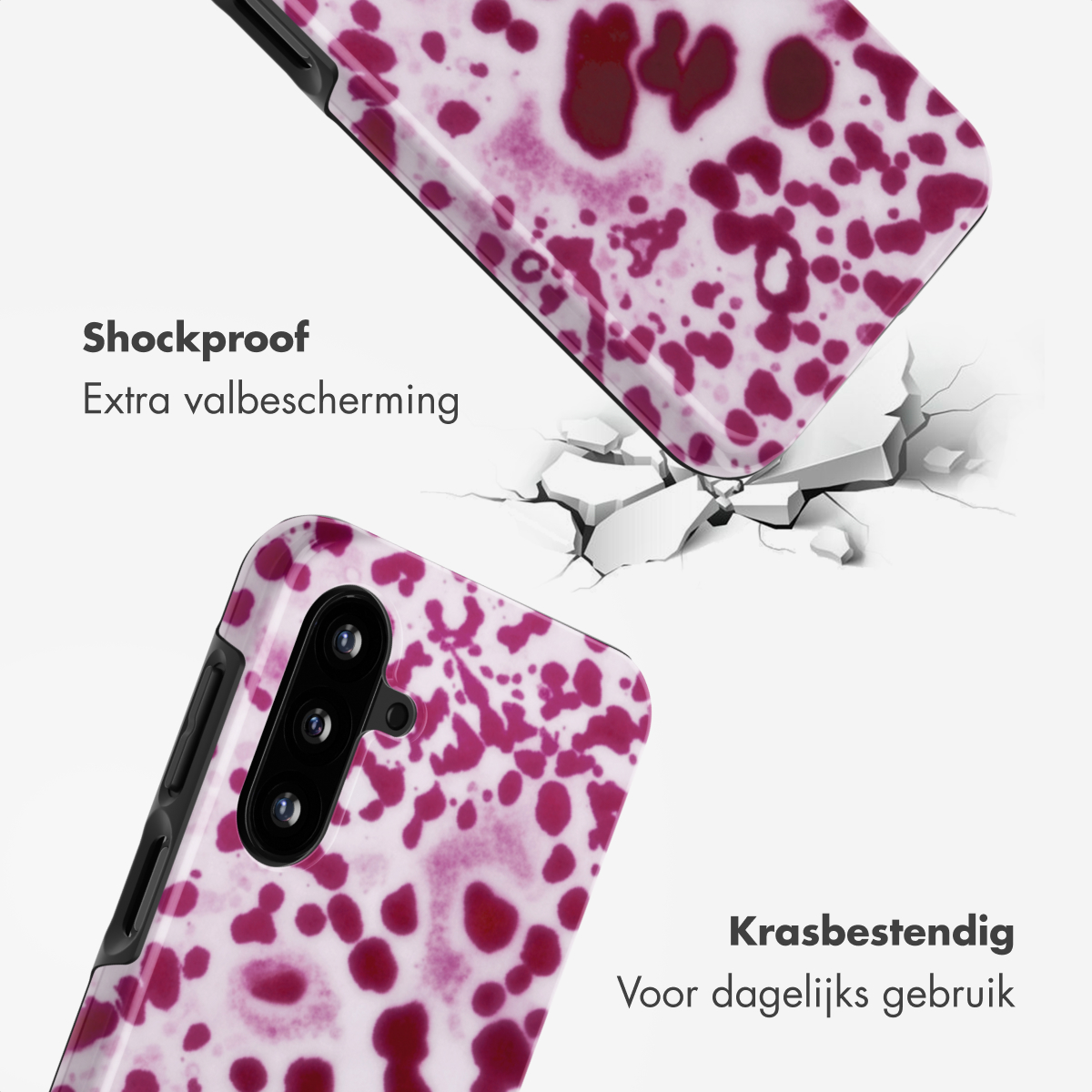 Paarse telefoonhoes met patroon op gebarsten grond. Schok- en krasbestendig.