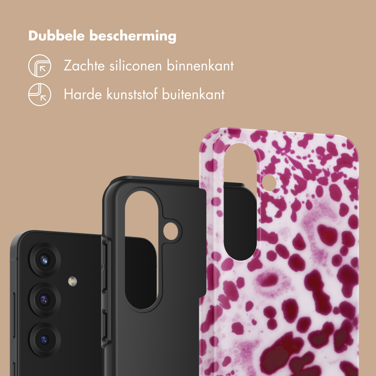 Tre cover per telefono: una nera, una nera con ritaglio, una con motivo viola.