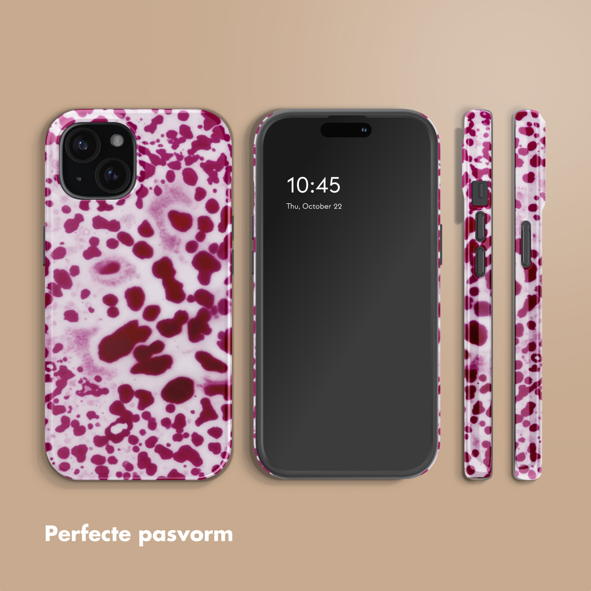 Telefoonhoesje met abstracte rode vlekken op witte achtergrond.