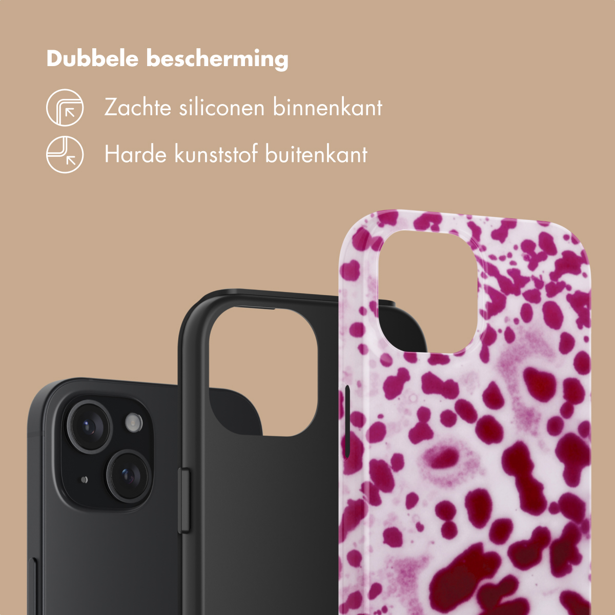 Zwarte telefoon met siliconen en hardplastic hoesje met roze patroon.