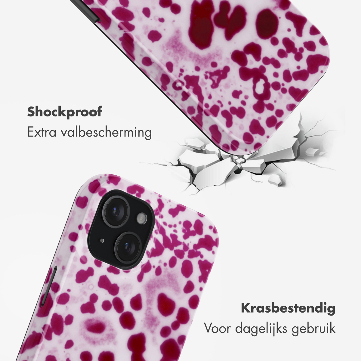 Een telefoonhoesje met roze vlekkenpatroon, dat beschermt tegen vallen.