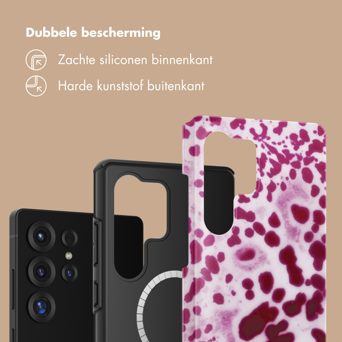 Een smartphone met camera's, hoesjes en patroon.