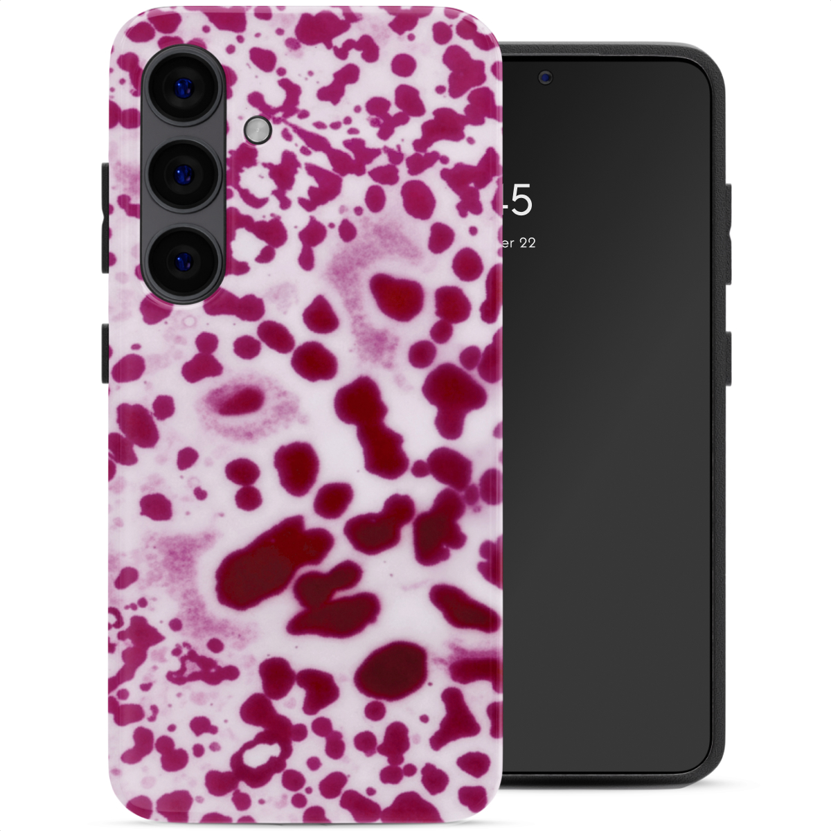 Une coque de téléphone blanche à motif éclaboussures rouges et un smartphone.