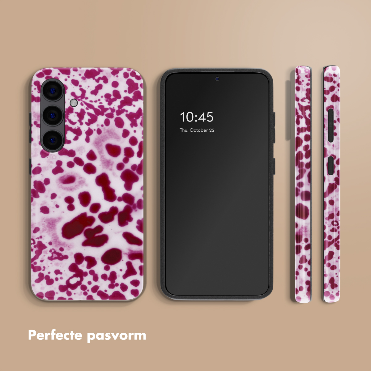 Trois coques de téléphone à motif de taches violettes, dont une sur un téléphone.