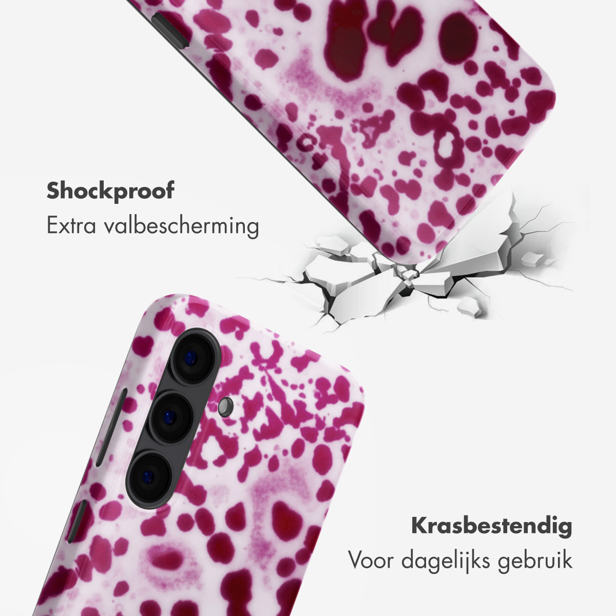 Une coque de téléphone à motif éclaboussures violettes, protégeant des chutes.
