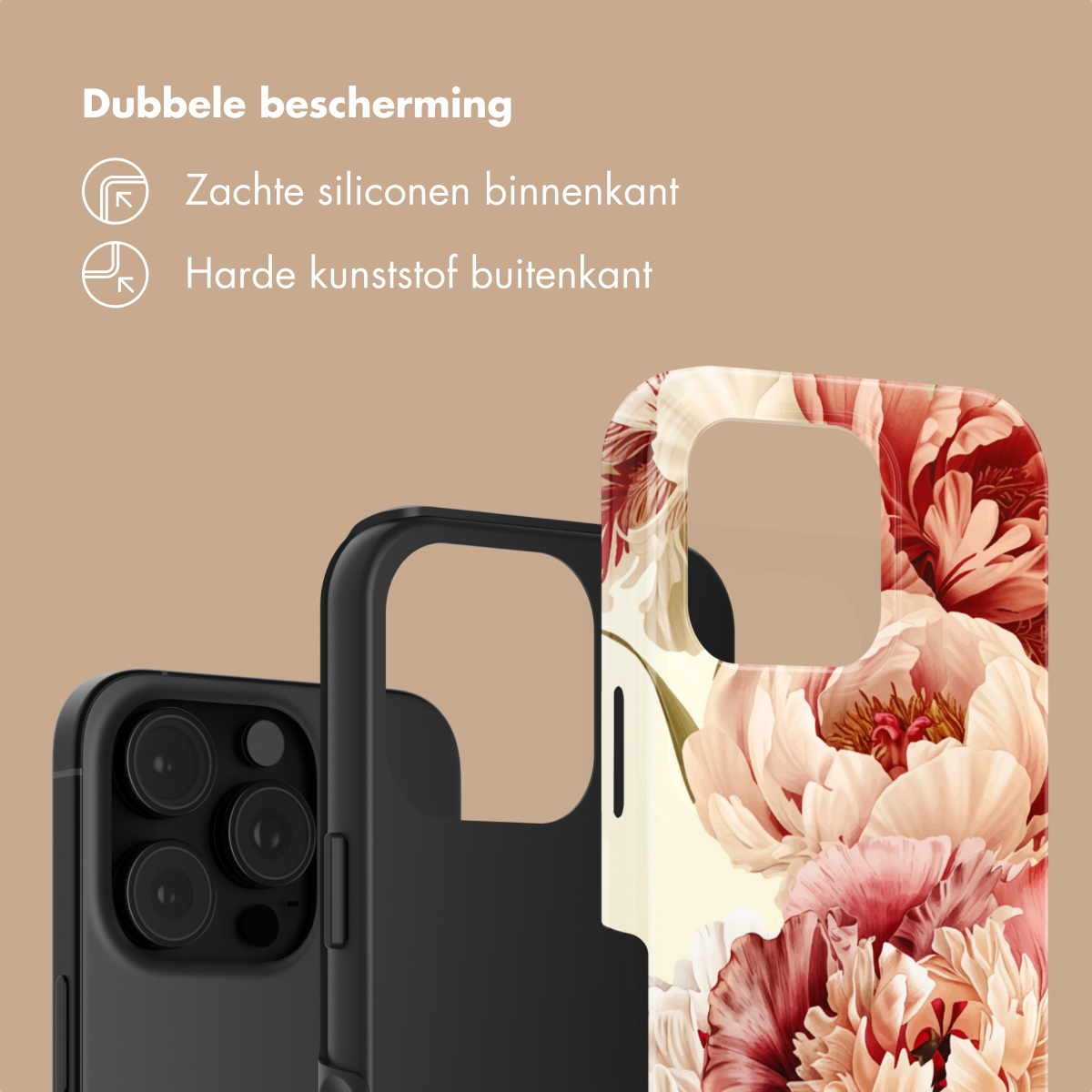 Zwarte telefoonhoes met bloemenpatroon en tekst over dubbele bescherming.