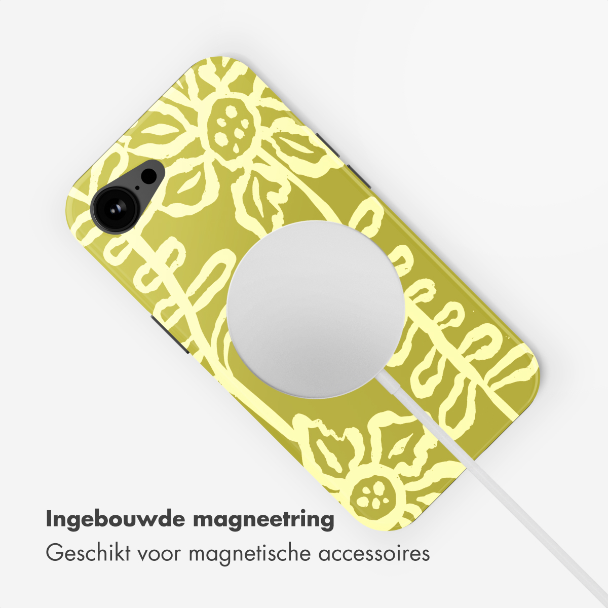 Cover verde per telefono con motivo floreale, anello magnetico e cavo.