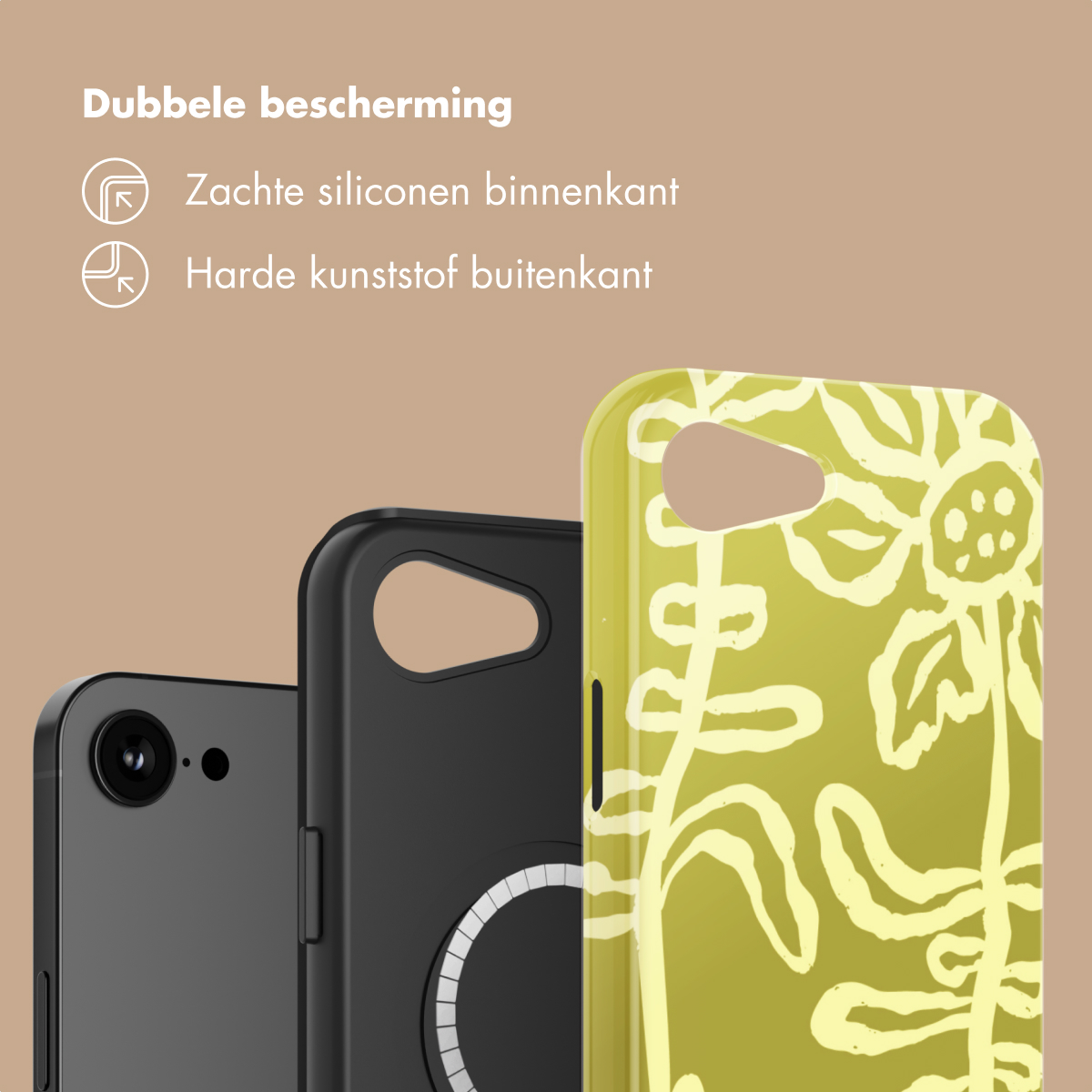 Tre custodie per telefono, due nere, una gialla con fiori.