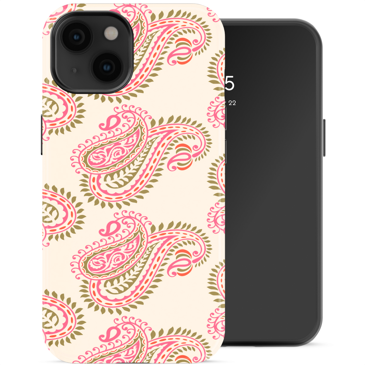 Una cover per telefono beige chiaro con fantasia paisley rosa e verde oliva.