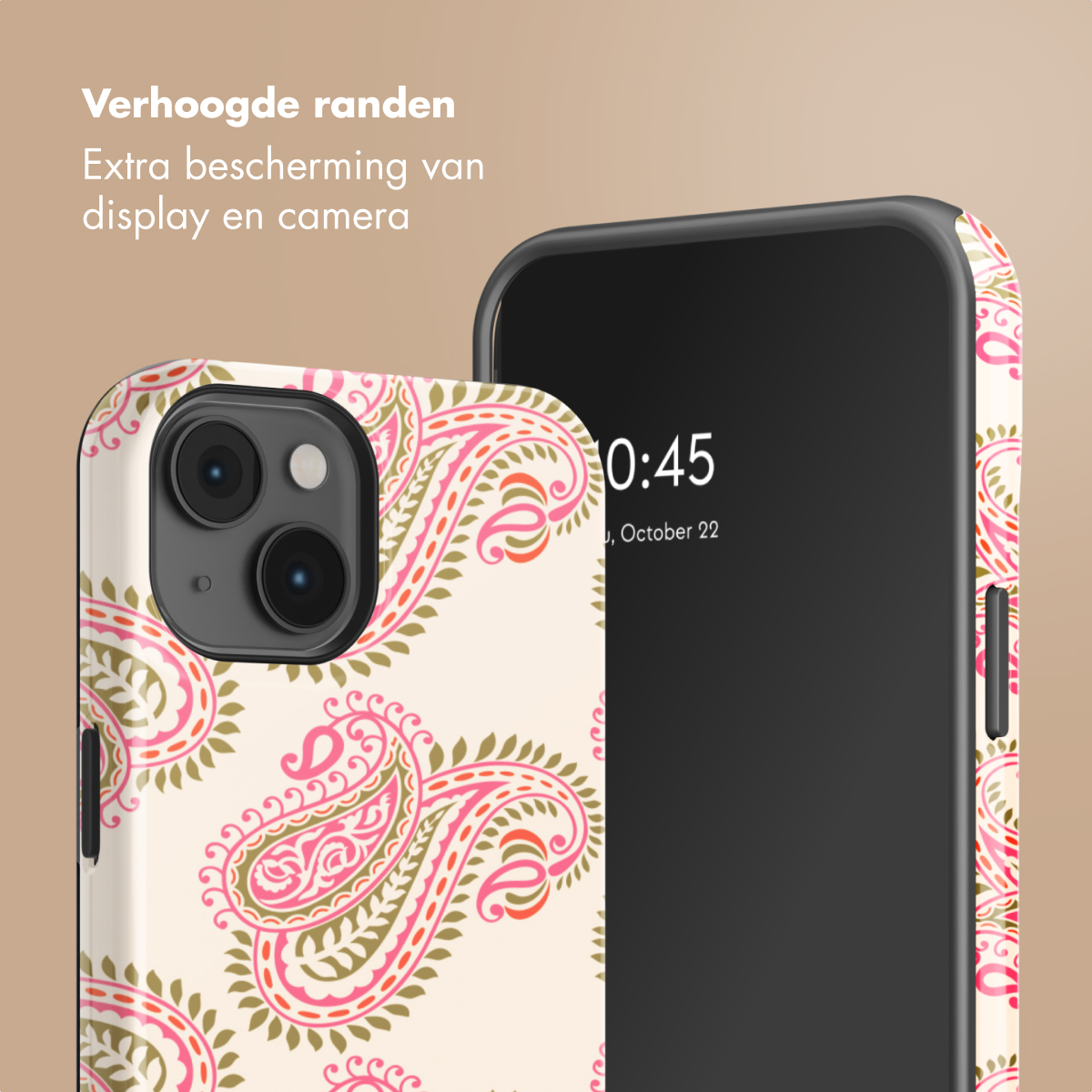 Una custodia per telefono color crema con motivo cachemire rosa e verde. Il telefono mostra le 10:45.