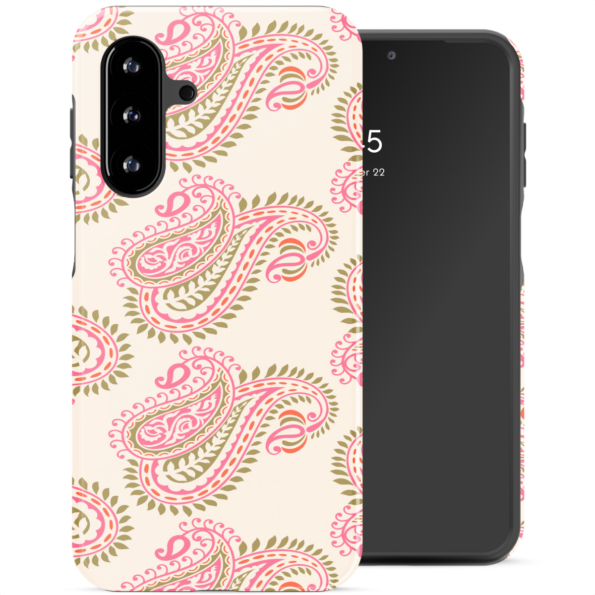 Een telefoonhoesje met een crème achtergrond met roze en groene paisley patronen, naast een telefoon.