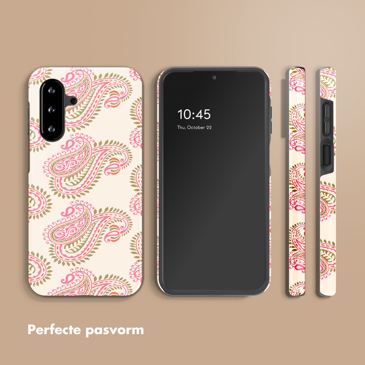 Telefoonhoesje met roze en groen paisley patroon op crème achtergrond.