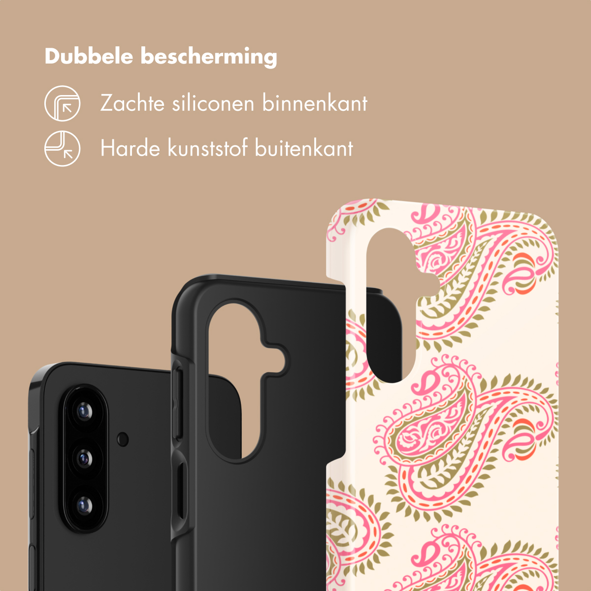 Twee telefoonhoesjes: een zwarte en een met paisley-print.
