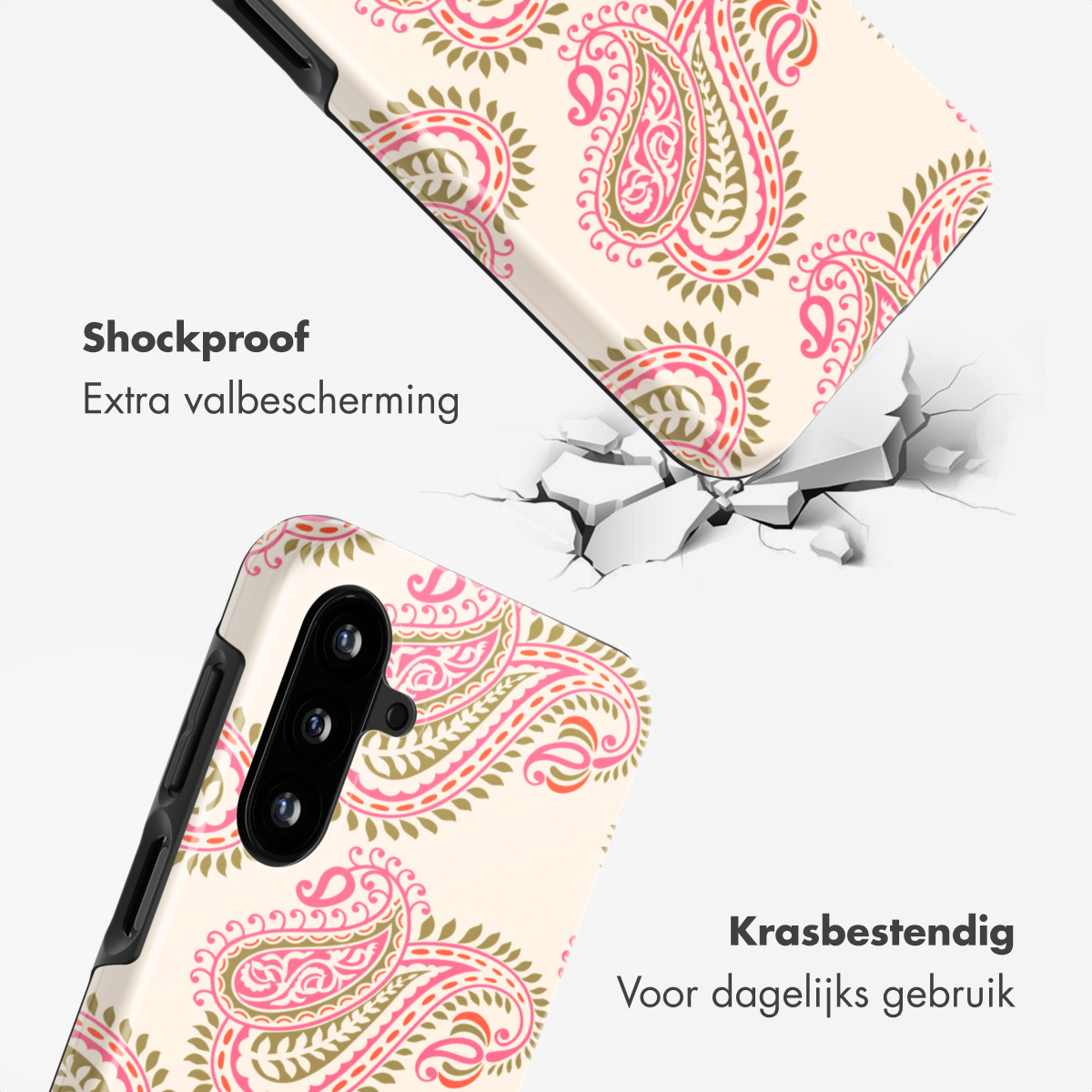 Telefoonhoes met paisley patroon, beschermt tegen vallen en krassen.