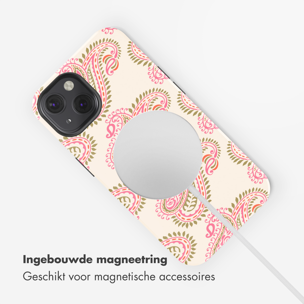 Una custodia per telefono con motivo cachemire rosa e verde su sfondo crema.