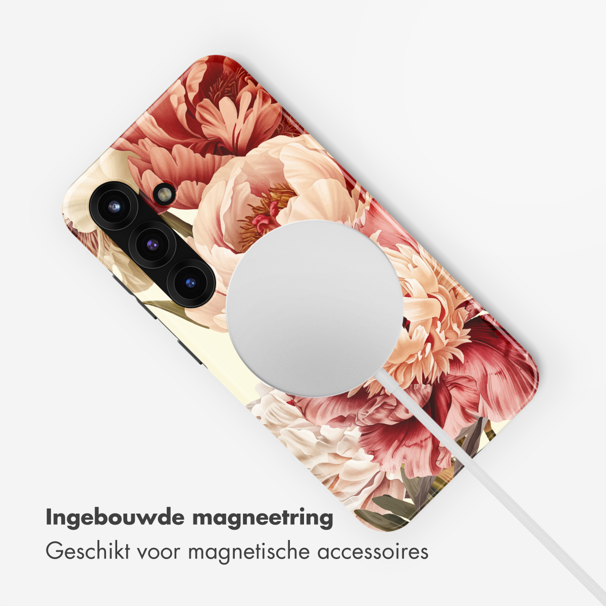 Een telefoonhoes met bloemenpatroon en magnetische ring.