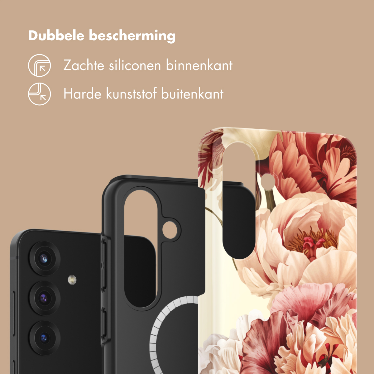 Zwarte telefoonhoes met bloemenpatroon, zachte siliconen binnenkant, harde kunststof buitenkant.