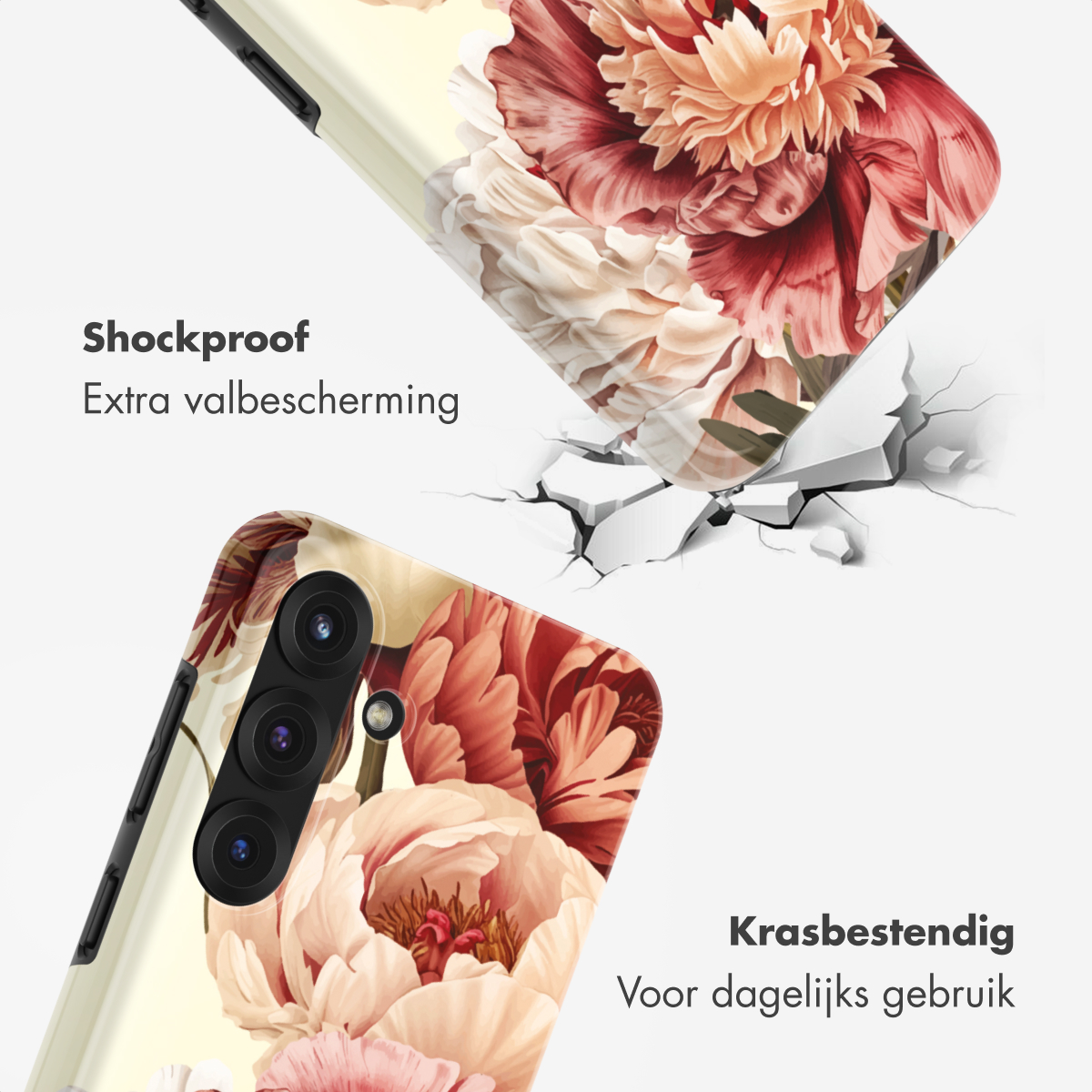Telefoonhoes met bloemenpatroon valt en breekt de grond.