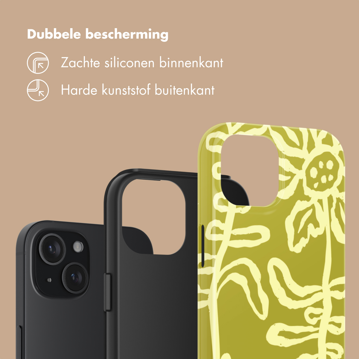 Drie telefoonhoesjes: zwart, zwart met uitsparing, en geel met bloemenprint.