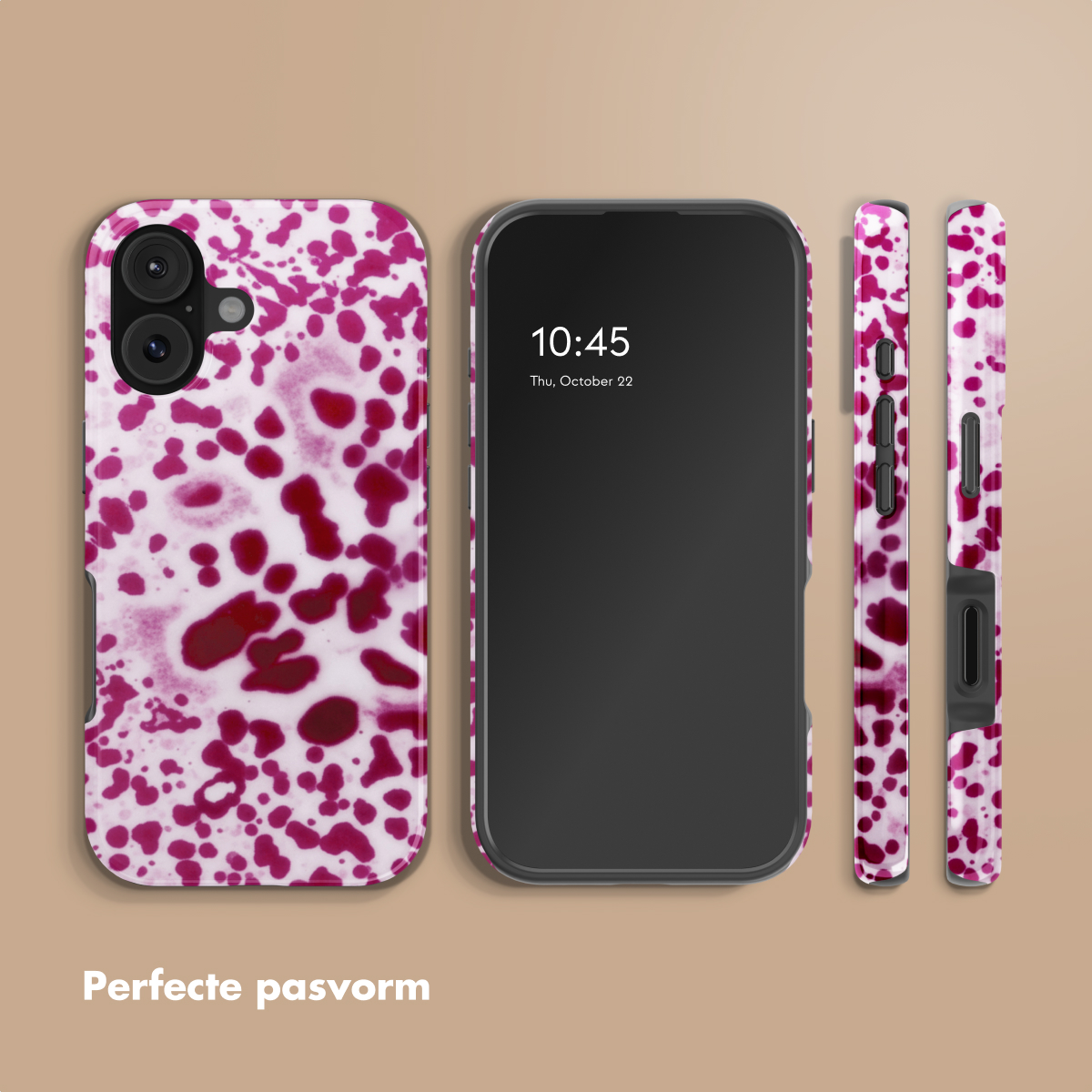 Uno smartphone con cover bianca a macchie rosse, accanto a una cover vuota.