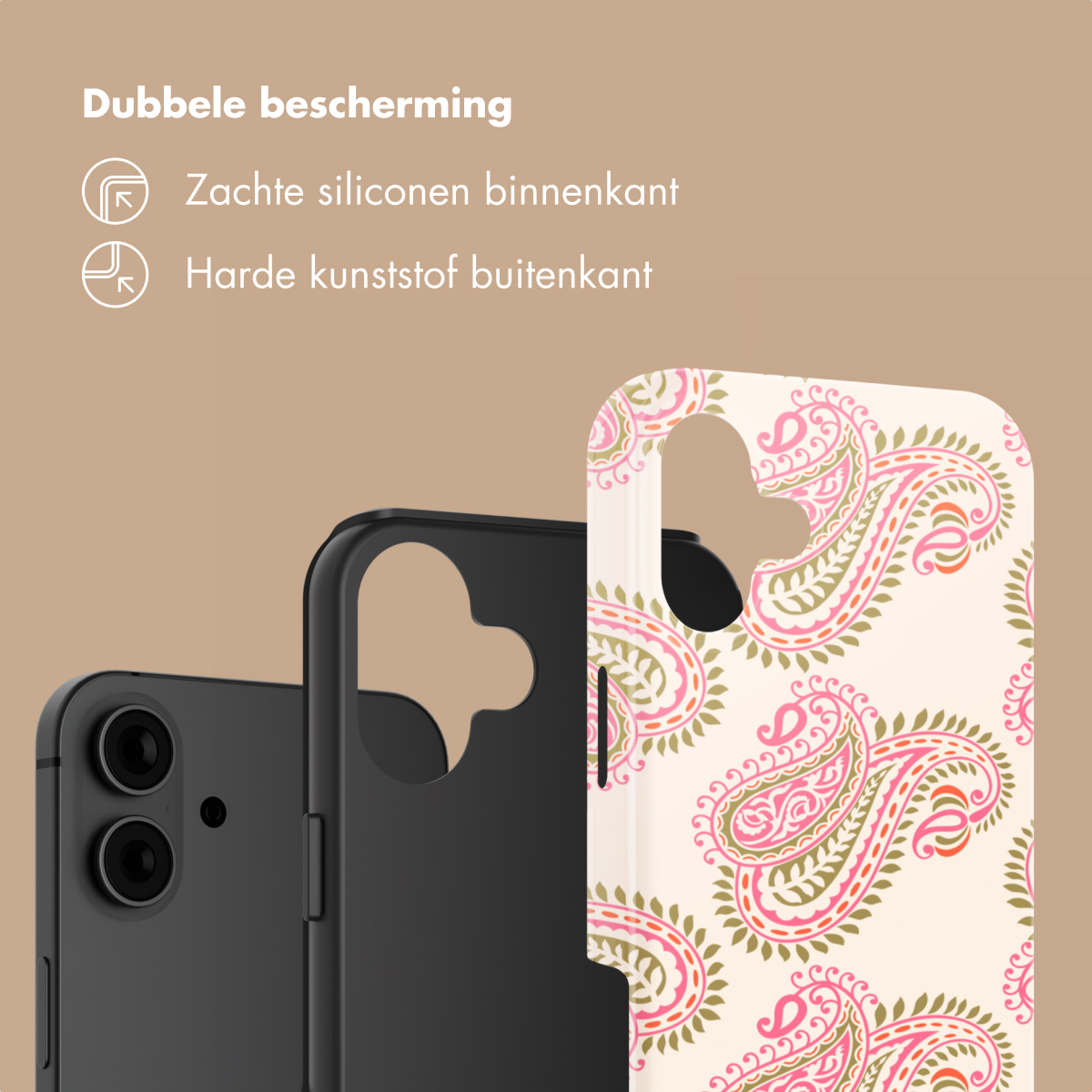 Un smartphone noir avec un étui à motif cachemire.