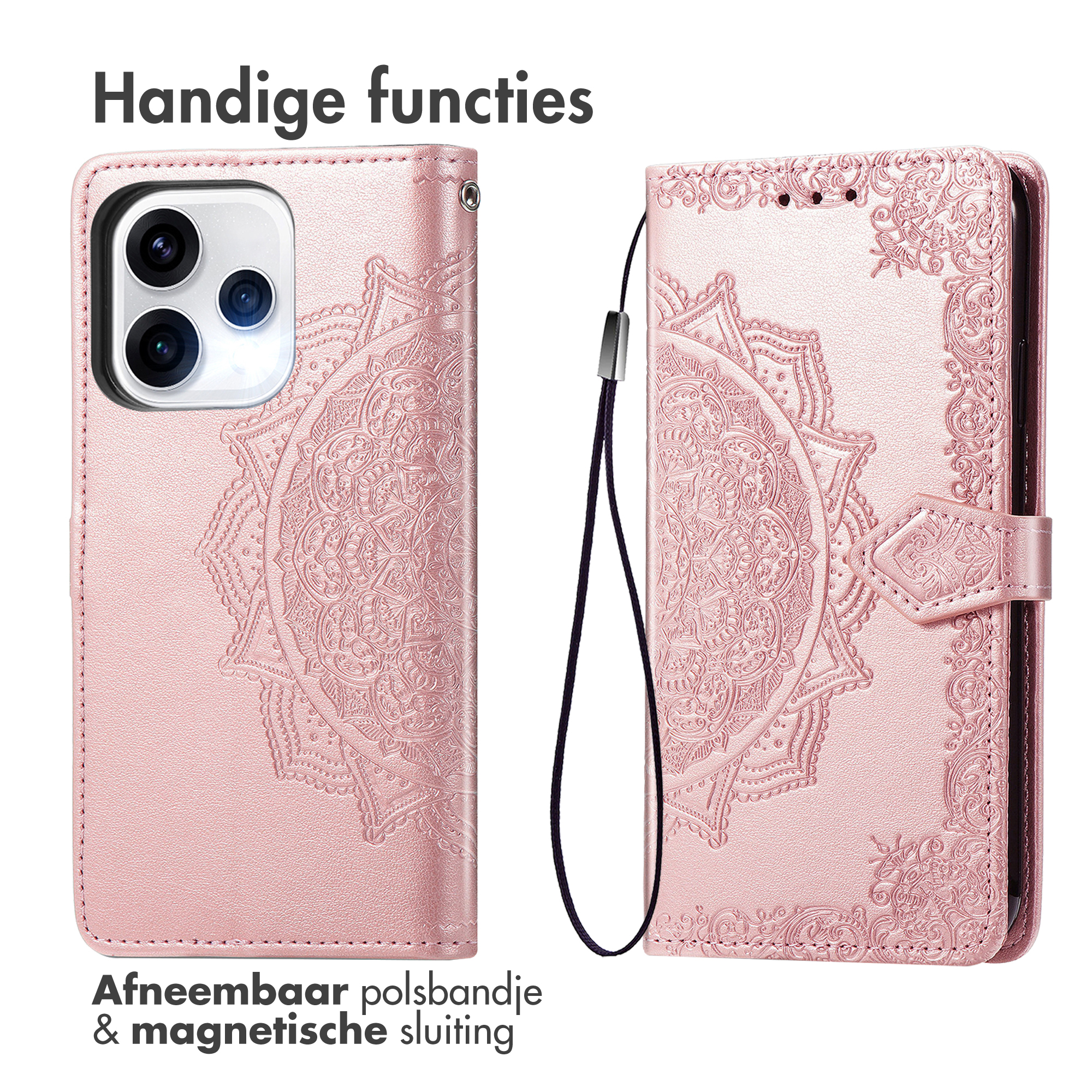 Una custodia rosa per telefono con motivo mandala, mostrata aperta.