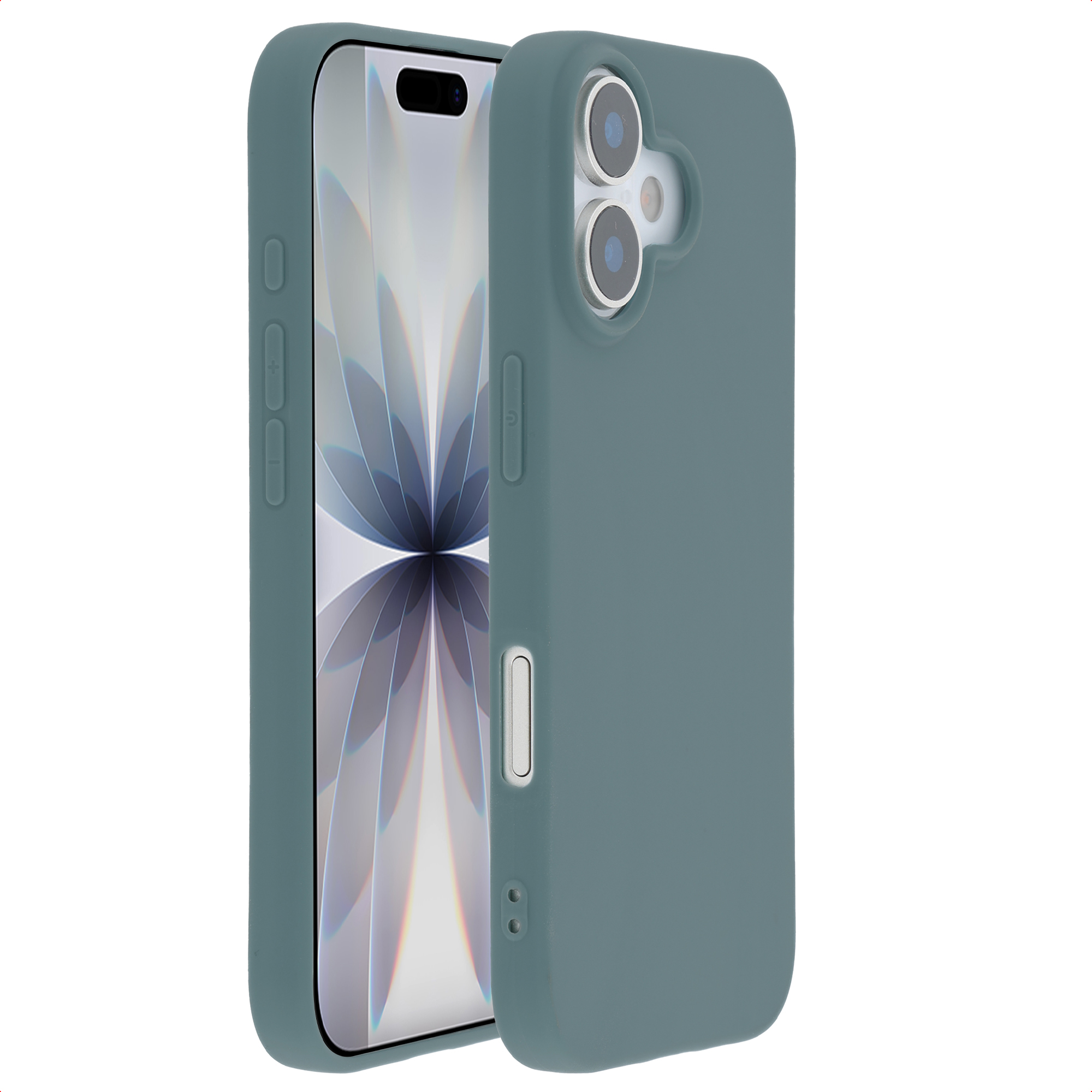 Une coque de téléphone bleu-vert avec module caméra et écran.