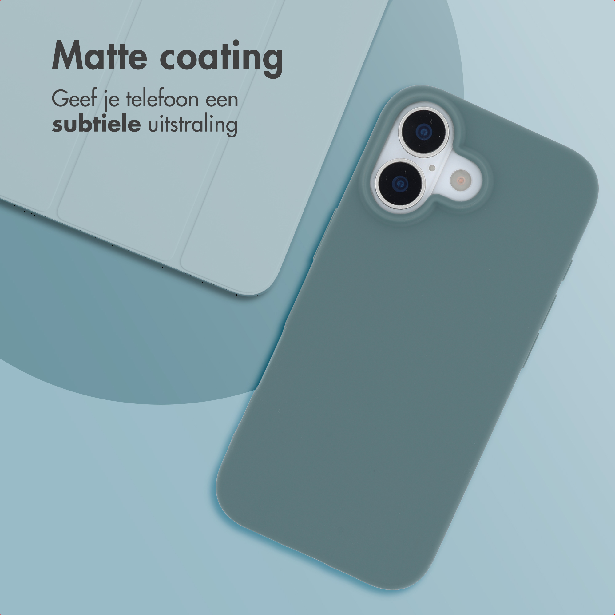 Une coque de téléphone gris-vert repose à côté d'un objet bleu clair.