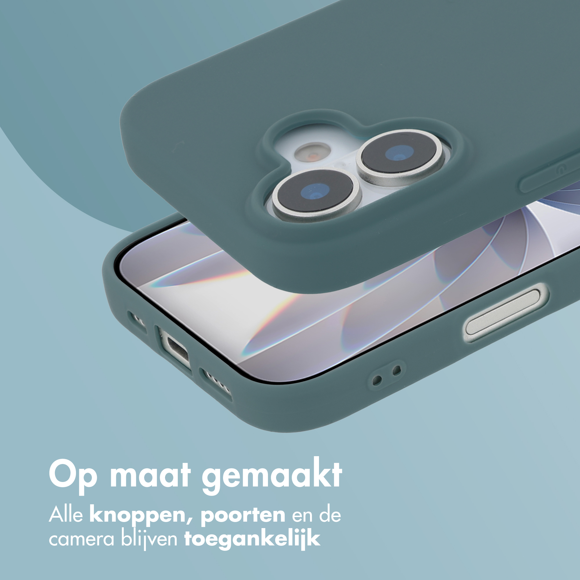 Une coque de téléphone bleue repose sur un téléphone. La coque a des découpes pour l'appareil photo.
