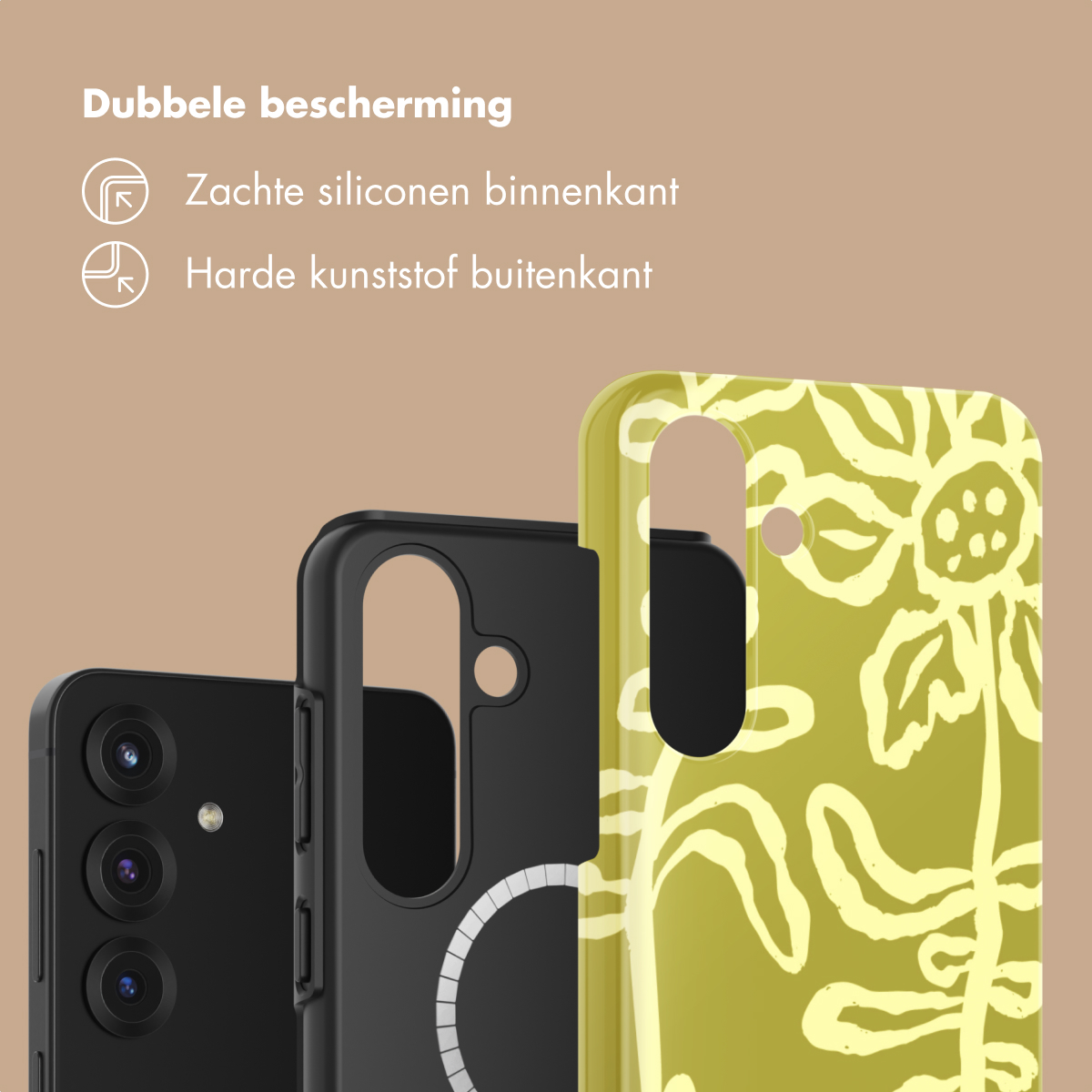 Zwarte telefoon met camera's aan de achterkant, naast een zwarte hoes en een gele bloemenhoes.