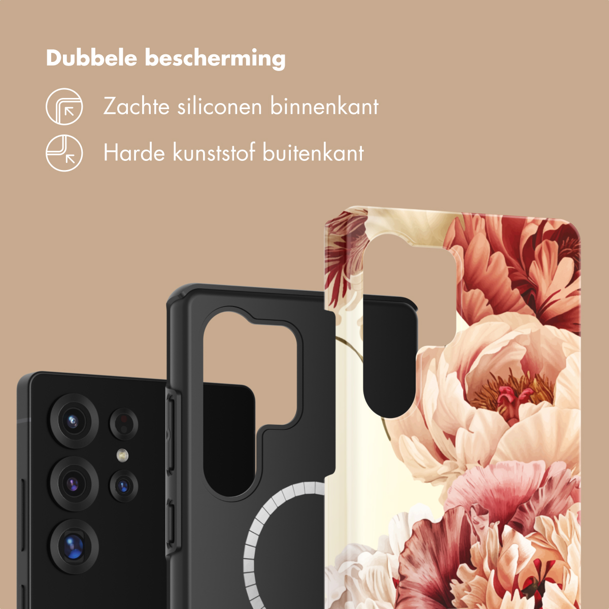 Zwarte telefoon met bloemenhoes, dubbele bescherming.