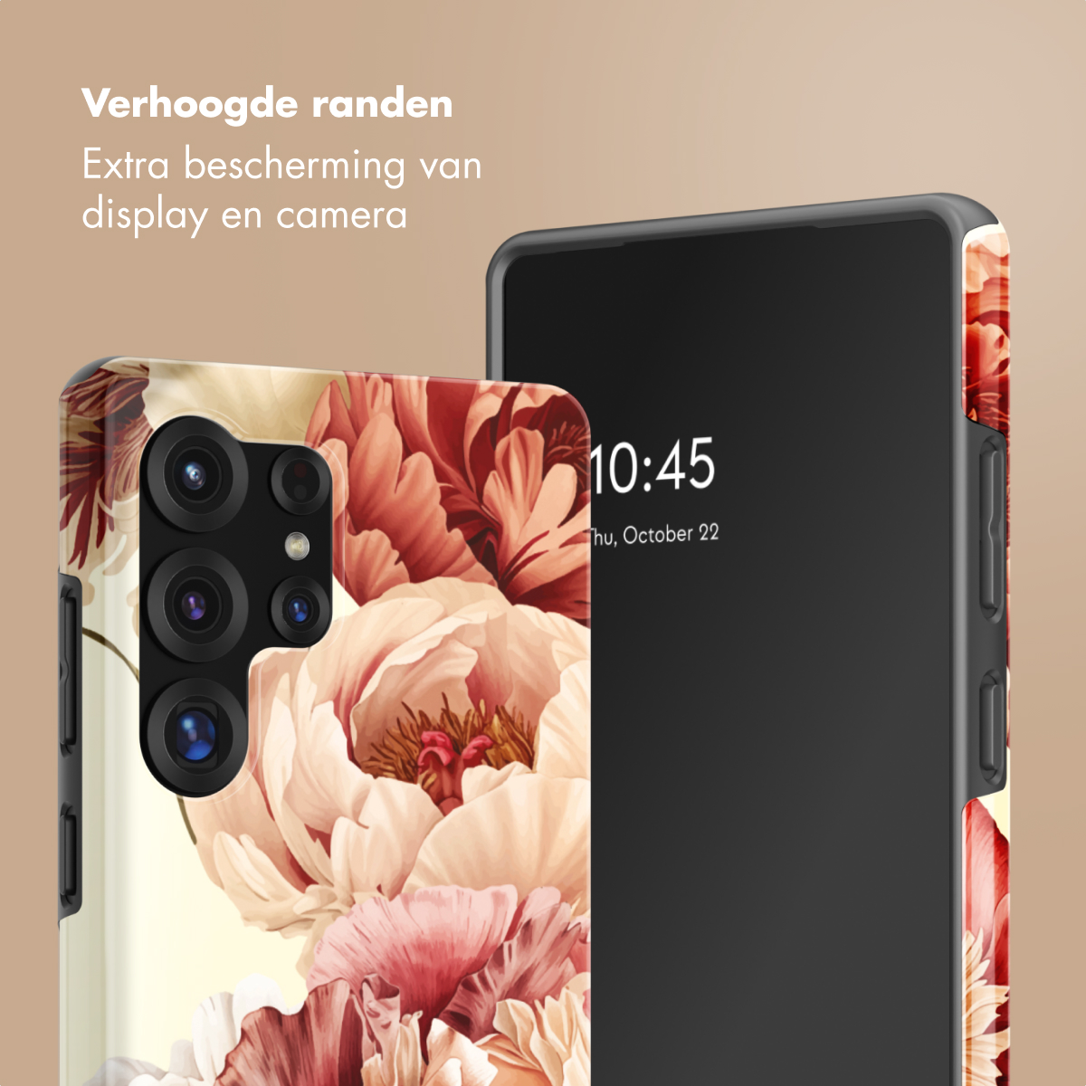 Telefoon met bloemenhoes met verhoogde randen voor bescherming.