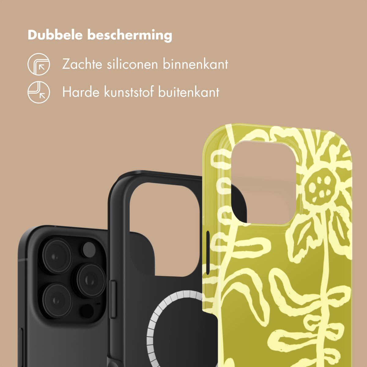 Tre custodie per telefono: nere, nere con anello, verdi con motivo floreale.
