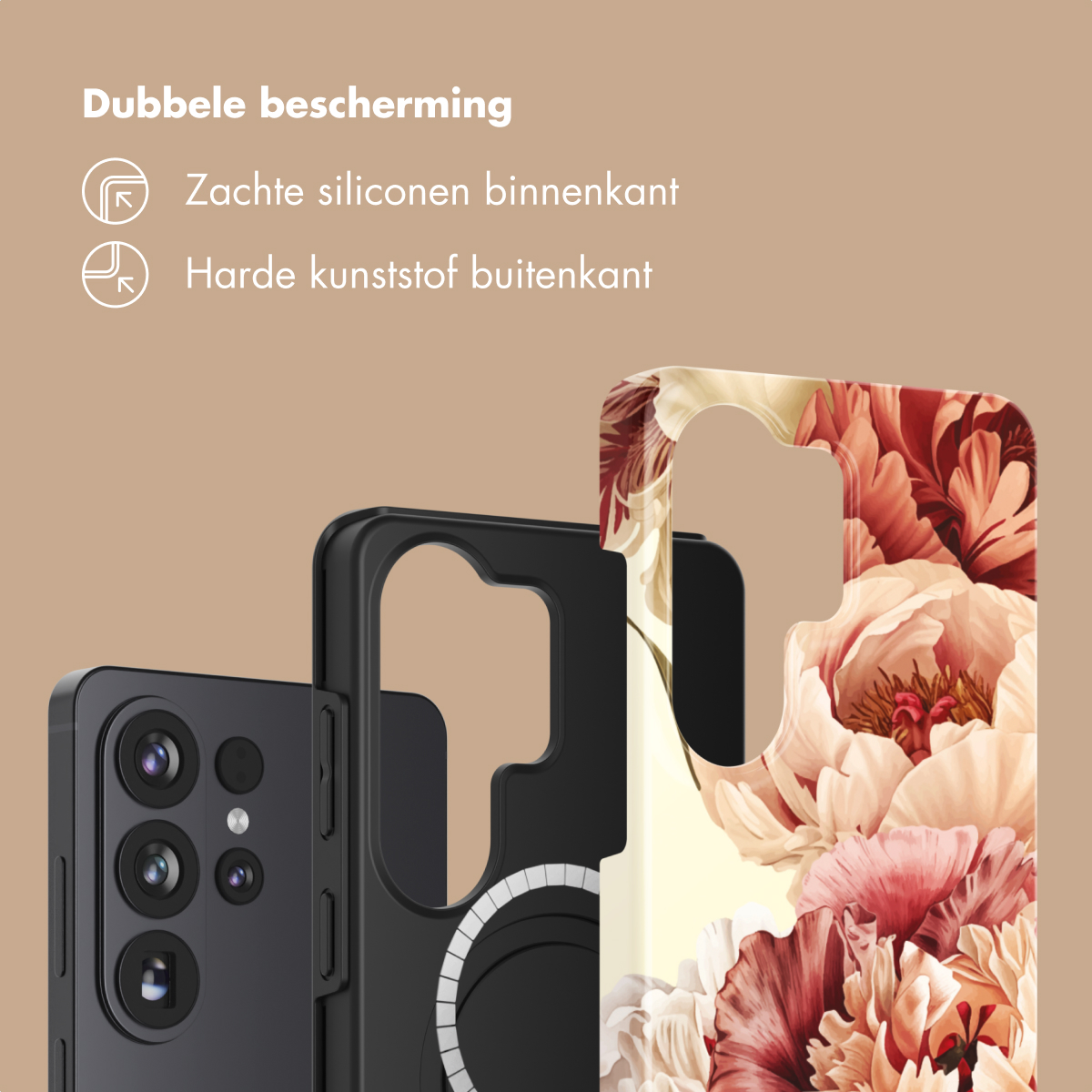 Smartphone avec coque à fleurs, intérieur silicone souple, extérieur rigide. Double protection.