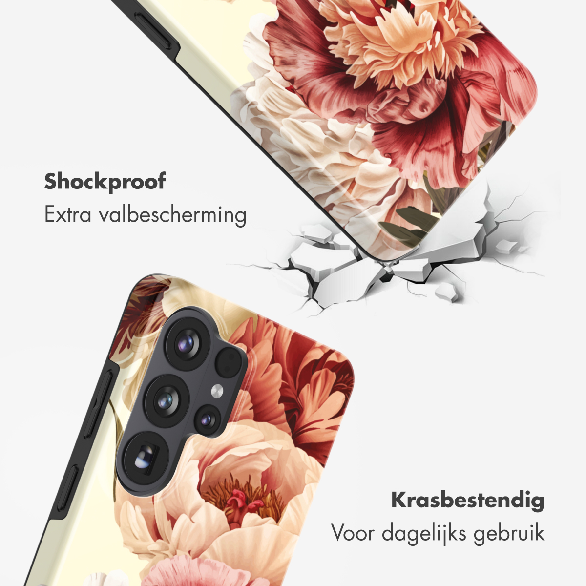 Coque de téléphone à motif floral, simulant une chute. Résistante aux chocs et aux rayures.