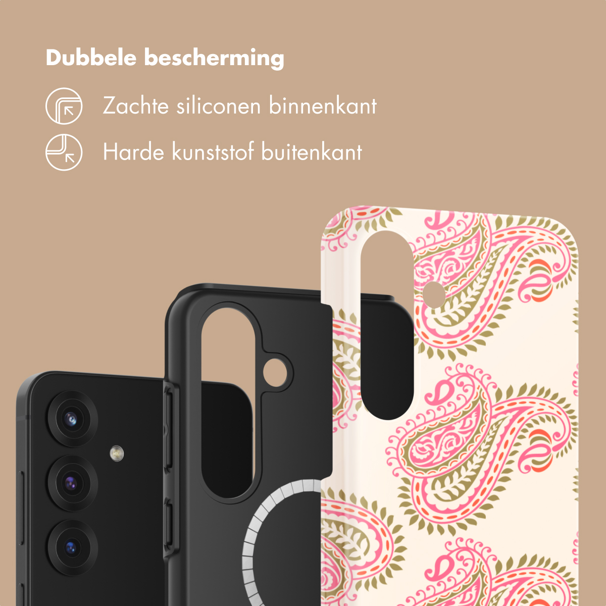 Twee telefoonhoesjes: één zwart en één met paisley-patroon.