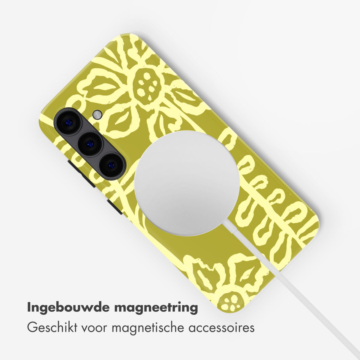 Une coque de téléphone avec un motif floral vert clair et jaune, avec un anneau magnétique.